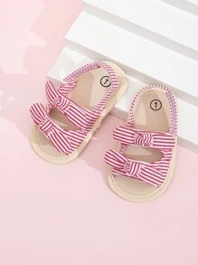Baby Bow Decor Striped Pattern Slingback Sandals, Preppy Pink Flat Sandals - Red and White - View 5