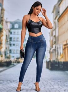 SHEIN SXY Zipper Back Skinny Jeans - Dark Wash - View 3