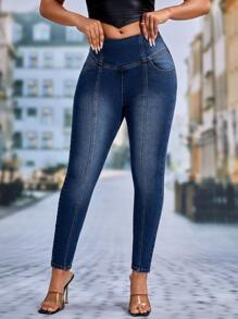 SHEIN SXY Zipper Back Skinny Jeans - Dark Wash - View 4