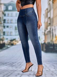 SHEIN SXY Zipper Back Skinny Jeans - Dark Wash - View 1