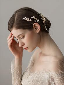 3入組樹葉裝飾新娘頭飾 - 金色 - 查看 2