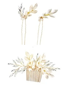 3入組樹葉裝飾新娘頭飾 - 金色 - 查看 3