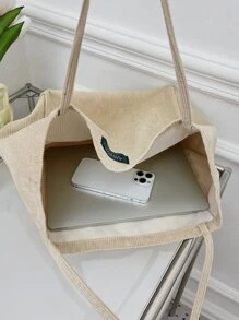 1入組素色燈芯絨大容量簡約風輕便可折疊時尚托特包適用於日常使用,中性 - 卡其色 - 查看 2