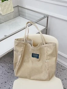 1入組素色燈芯絨大容量簡約風輕便可折疊時尚托特包適用於日常使用,中性 - 卡其色 - 查看 4