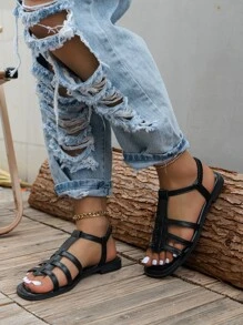 女士縫線細節角斗士涼鞋度假戶外平底涼鞋 - 黑色 - 查看 2