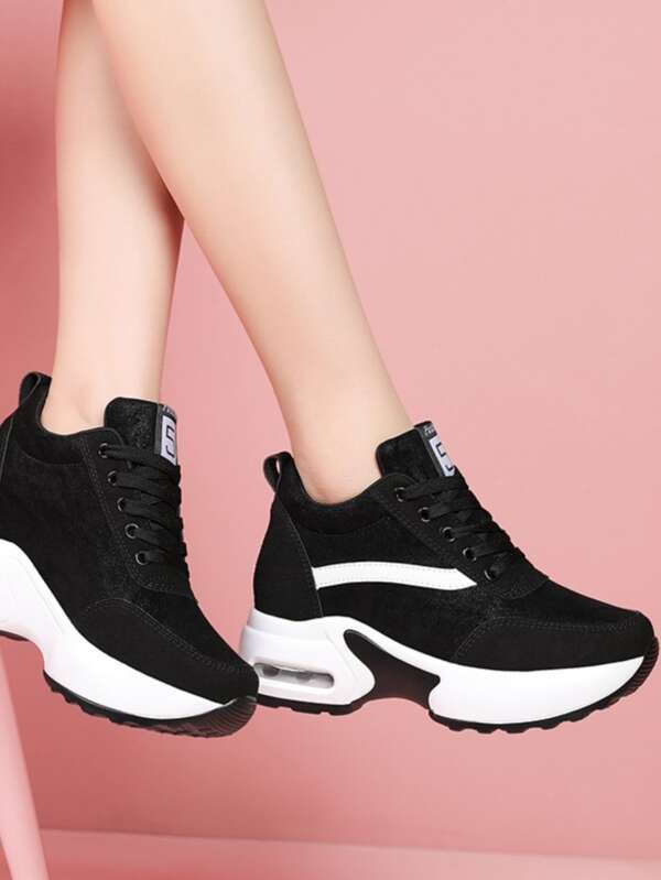 Fall/Winter Women Lace Up Front Letter Patch Decor Wedge Sneakers, Sporty Black Sneakers