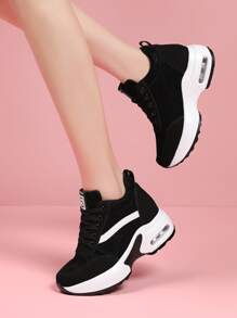 Fall/Winter Women Lace Up Front Letter Patch Decor Wedge Sneakers, Sporty Black Sneakers