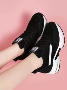 Fall/Winter Women Lace Up Front Letter Patch Decor Wedge Sneakers, Sporty Black Sneakers