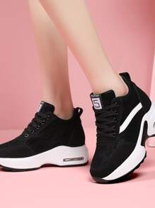 Fall/Winter Women Lace Up Front Letter Patch Decor Wedge Sneakers, Sporty Black Sneakers
