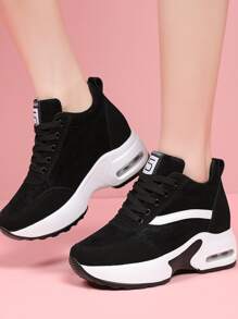 Fall/Winter Women Lace Up Front Letter Patch Decor Wedge Sneakers, Sporty Black Sneakers