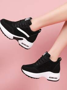 Fall/Winter Women Lace Up Front Letter Patch Decor Wedge Sneakers, Sporty Black Sneakers