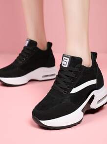 Fall/Winter Women Lace Up Front Letter Patch Decor Wedge Sneakers, Sporty Black Sneakers