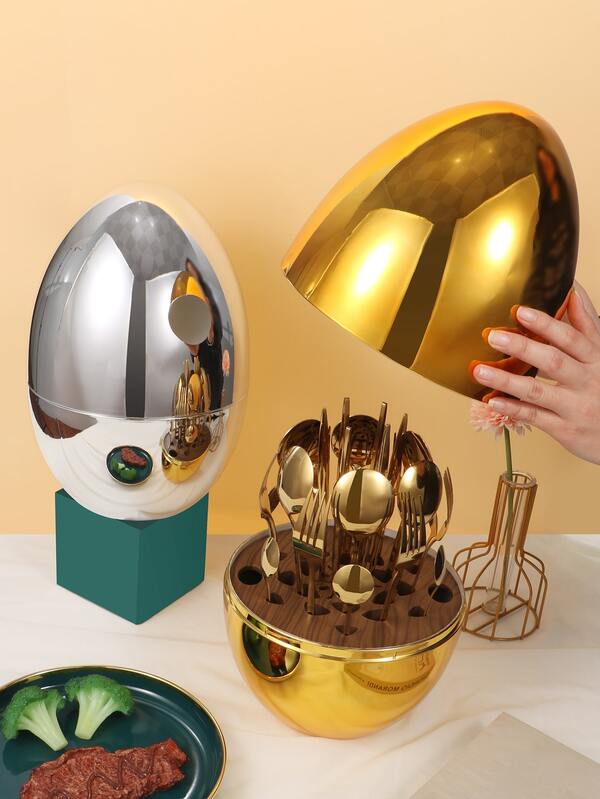 24pcs/set Stainless Steel Cutlery Set With Storage Box, Golden