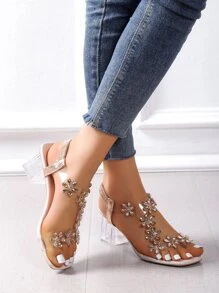 2025 Summer New Crystal Embellished Floral Transparent Thick Heel Elegant Sandals, Suitable For Photos And Dates, Women's High Heels