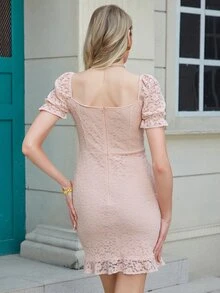 Eilly Bazar Lace Up Front Ruched Lace Bodycon Dress - Baby Pink - View 2
