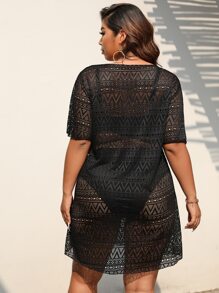 SHEIN Swim Curve Plus Hollow Out Cover Up Dress Without Bikini, For Summer Beach Vacation - Black - View 3
