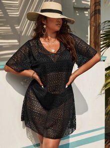 SHEIN Swim Curve Plus Hollow Out Cover Up Dress Without Bikini, For Summer Beach Vacation - Black - View 4