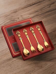 4pcs Stainless Steel Cutlery Set, European Style Hollow Out Scroll Decor Tableware Cutlery Set For Restaurant - Gold - View 1