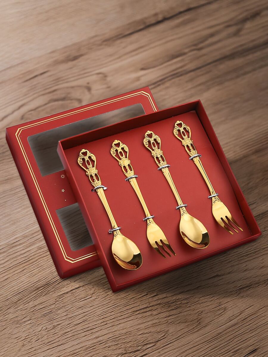 4pcs Stainless Steel Cutlery Set, European Style Hollow Out Scroll Decor Tableware Cutlery Set For Restaurant - Gold - View 1