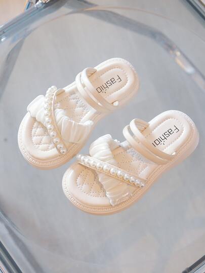 女童褶飾細節人造珍珠裝飾十字交叉多穿平底涼鞋時尚戶外拖鞋