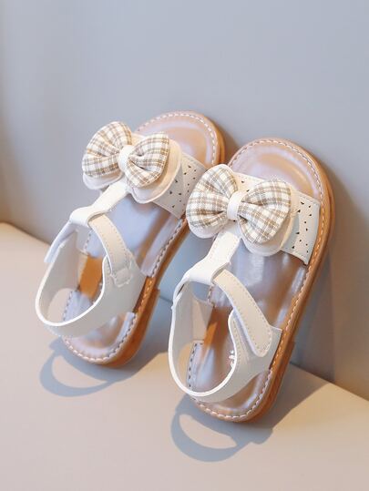 女孩格紋圖案蝴蝶結裝飾踝帶學院夏天平底涼鞋