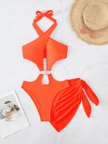 Cut-out Ring Linked Halter One Piece Swimsuit With Beach Skirt - Orange - View 3