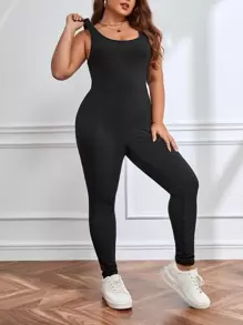 SHEIN EZwear 大碼素色彈力緊身連體褲 - 黑色 - 查看 1