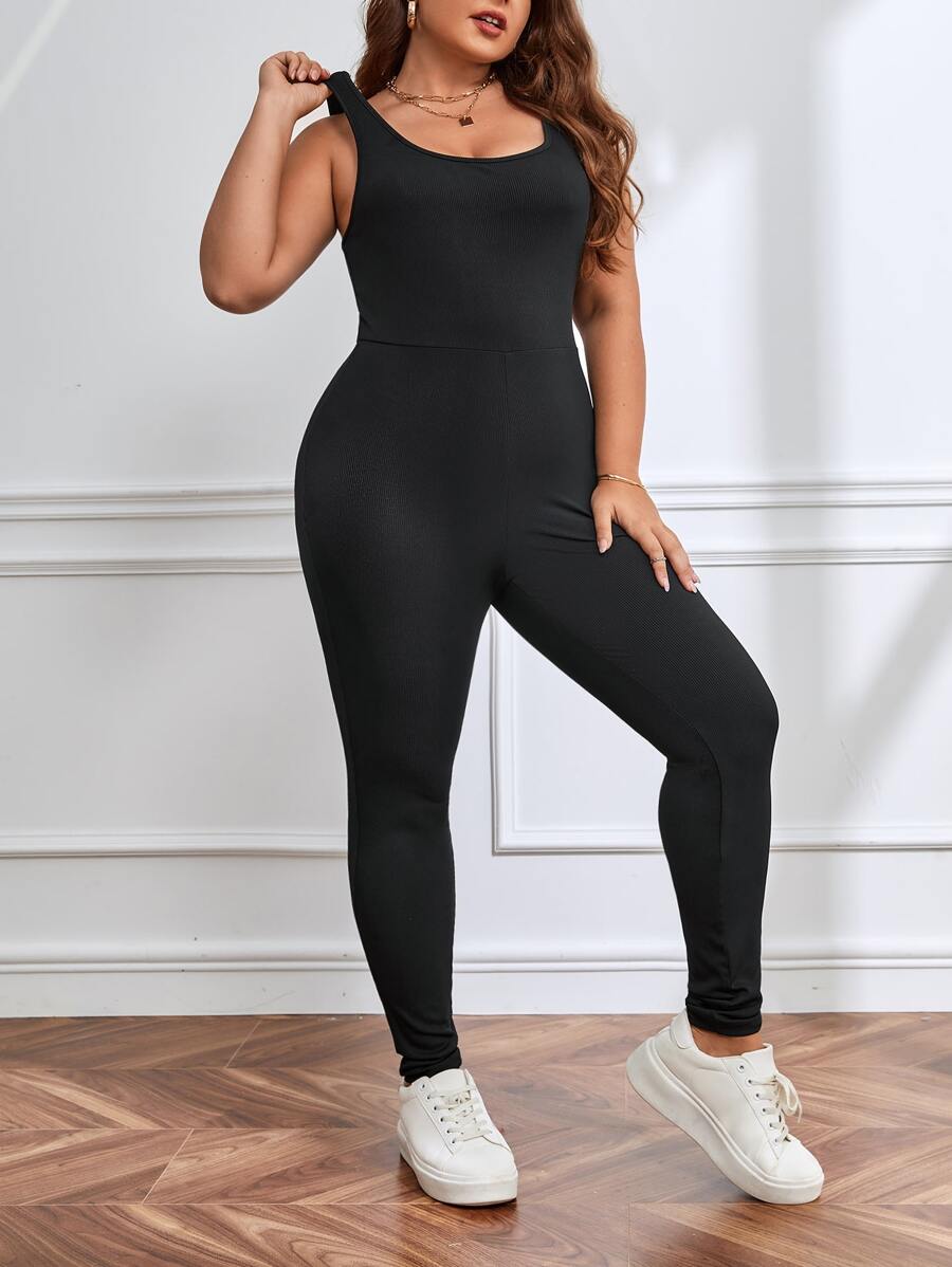 SHEIN EZwear 大碼素色彈力緊身連體褲 - 黑色 - 查看 1