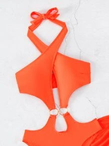 Cut-out Ring Linked Halter One Piece Swimsuit With Beach Skirt - Orange - View 5