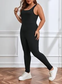 SHEIN EZwear 大碼素色彈力緊身連體褲 - 黑色 - 查看 3