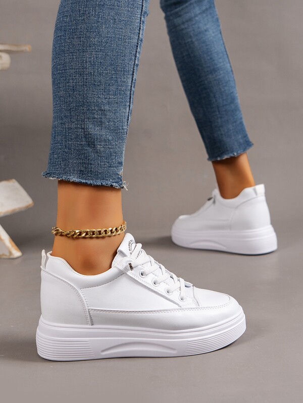 Sporty White Wedge Sneakers For Women, Letter Graphic Lace Up Sneakers