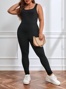 SHEIN EZwear 大碼素色彈力緊身連體褲 - 黑色 - 查看 4