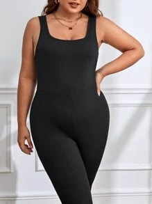 SHEIN EZwear 大碼素色彈力緊身連體褲 - 黑色 - 查看 5