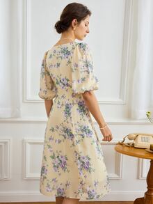 Simple Retro Đầm Cắt ra Dây kéo Tách cao Hoa Tất cả trên in Boho - Màu vàng - Xem 2