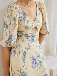 Simple Retro Đầm Cắt ra Dây kéo Tách cao Hoa Tất cả trên in Boho - Màu vàng - Xem 3