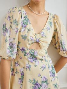 Simple Retro Đầm Cắt ra Dây kéo Tách cao Hoa Tất cả trên in Boho - Màu vàng - Xem 4