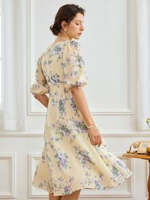 Simple Retro Đầm Cắt ra Dây kéo Tách cao Hoa Tất cả trên in Boho - Màu vàng - Xem 6