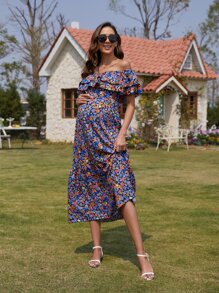 孕婦滿版印花一字肩荷葉邊連衣裙 - 彩色 - 查看 1