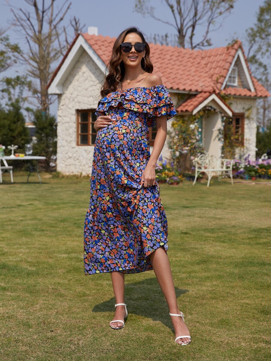 孕婦滿版印花一字肩荷葉邊連衣裙 - 彩色 - 查看 1