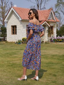 孕婦滿版印花一字肩荷葉邊連衣裙 - 彩色 - 查看 2