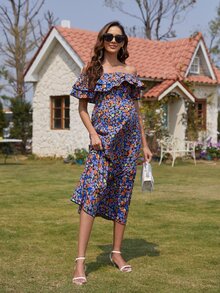 孕婦滿版印花一字肩荷葉邊連衣裙 - 彩色 - 查看 6