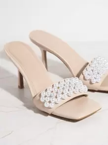 珍珠方頭高跟鞋 - 杏色 - 查看 4