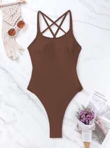 SHEIN Swim Solid Criss Cross Backless One-Piece Swimsuit Bathing Suit For Summer Beach - Coffee Brown - View 3