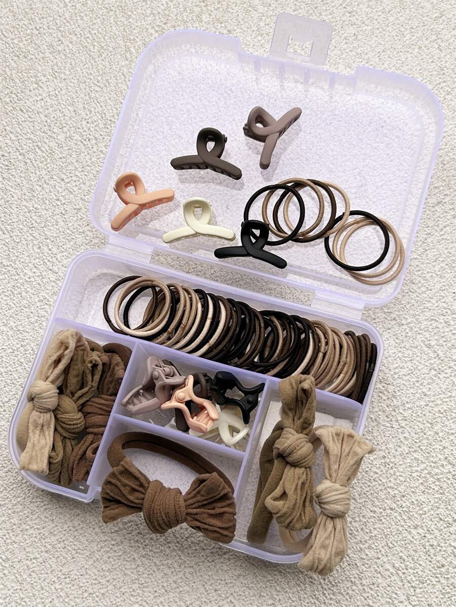 66pcs Girls' Brown Mini Hair Tie + Claw Clip + Knot Bow Scrunchies Set (Random Color) - Multicolor - View 1