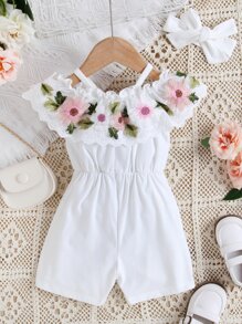 SHEIN Vintaside Kids Mono Con Ribete De Volantes Y Bordado Floral Para Bebé Niña