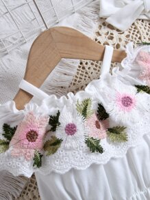 SHEIN Vintaside Kids Mono Con Ribete De Volantes Y Bordado Floral Para Bebé Niña