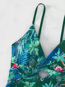 SHEIN Tropical Print Twist Front Tankini Summer Beach - Multicolor - View 4