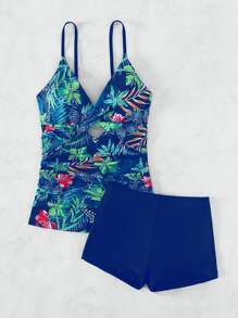 SHEIN Tropical Print Twist Front Tankini Summer Beach - Blue - View 3