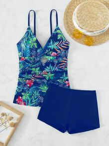 SHEIN Tropical Print Twist Front Tankini Summer Beach - Blue - View 6