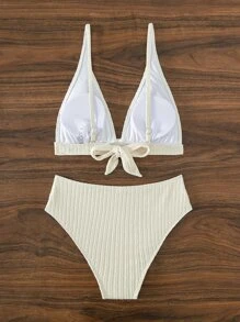 純色高腰夏季海灘比基尼套裝 - 米色 - 查看 2